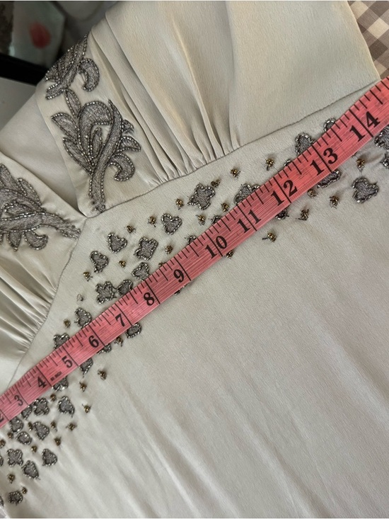 Zara Embroidered Mini Dress Pearl Gray XS Beaded V-Neck - Picture 13 of 15